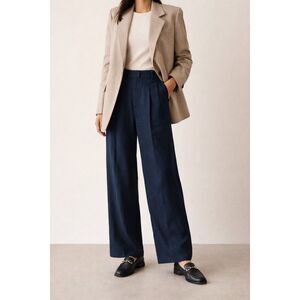 Babaton Agency Pant Dark Navy Linen Blend Pleated Wide Leg Trousers Size 4